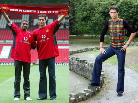Die Klamotten weiter, die Arme schmaler: So präsentierte sich Neuzugang Cristiano Ronaldo (li. mit Kleberson) 2003 bei Manchester United.