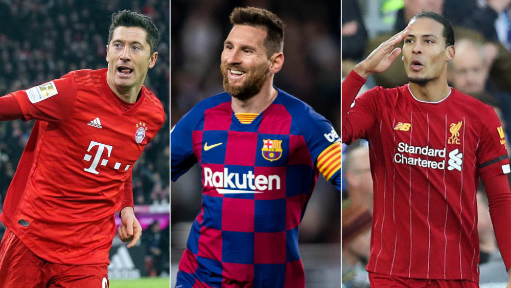 Auf der 30-k&#246;pfigen Shortlist f&#252;r den Ballon d'Or 2019: Robert Lewandowski, Lionel Messi und Virgil van Dijk (v.l.).