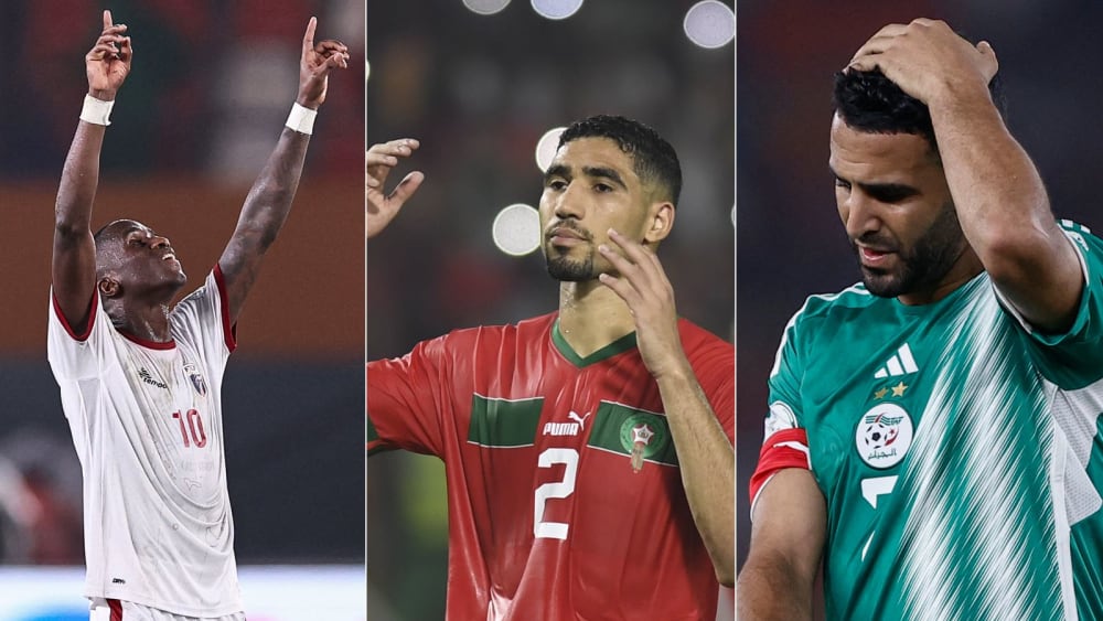 Gefühlswelten beim Afrika-Cup: Außenseiter wie Kap Verde (li.) jubeln, Stars wie Achraf Hakimi (Mi.) und Riyad Mahrez (re.) müssen vorzeitig nach Hause.