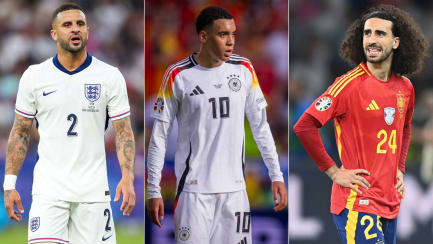 Kyle Walker, Jamal Musiala und Marc Cucurella (v. li.) stehen im UEFA Team der EM 2024.