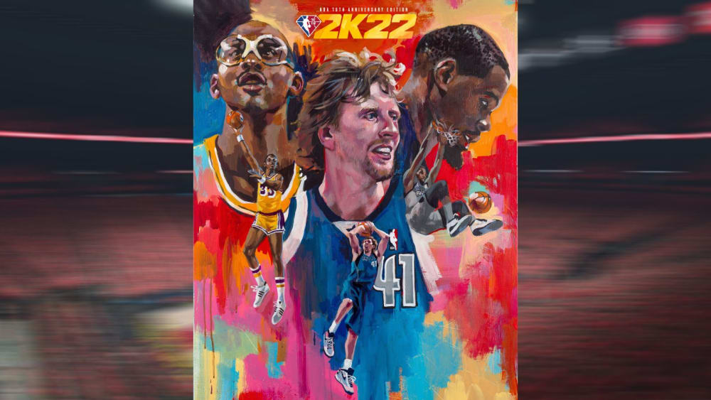 Kareem Abdul-Jabbar, Dirk Nowitzki und Kevin Durant (v.l.) sind auf dem neuen 2K22-Jubiläums-Cover.