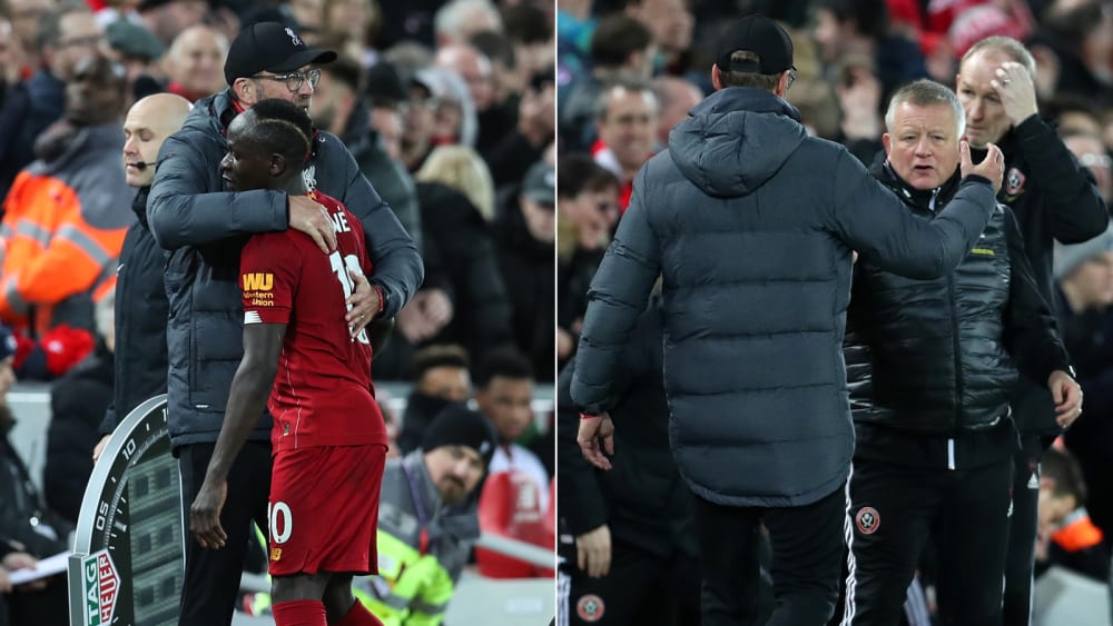 Jürgen Klopp mit Torschütze Sadio Mané und mit Sheffield-Trainer Chris Wilder