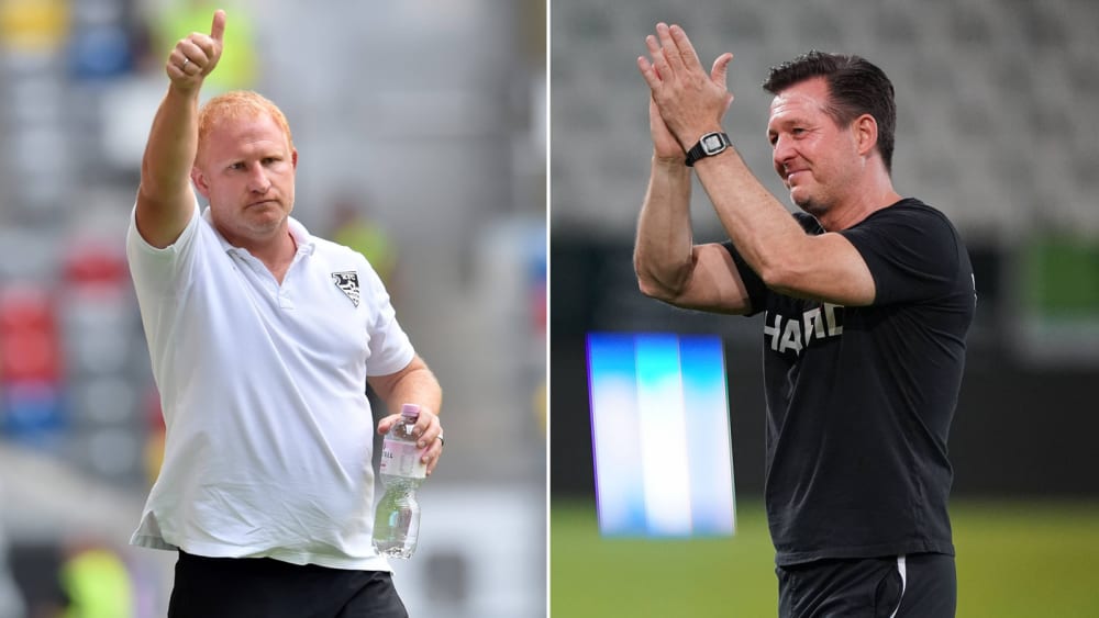 Auf Augenhöhe: Uerdingens Coach Heiko Vogel (li.) und Christian Titz von Essen.