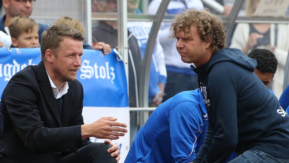 Haben nach dem Fanabend wieder einiges zu besprechen: FCM-Manager Maik Franz (links) und Trainer Stefan Krämer