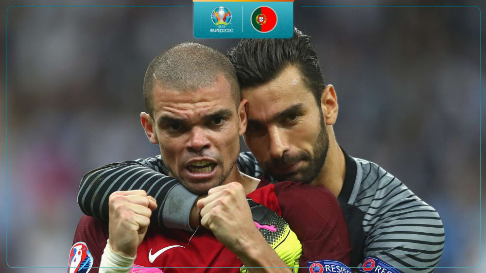 Pepe and Rui Patrício celebrate winning UEFA EURO 2016