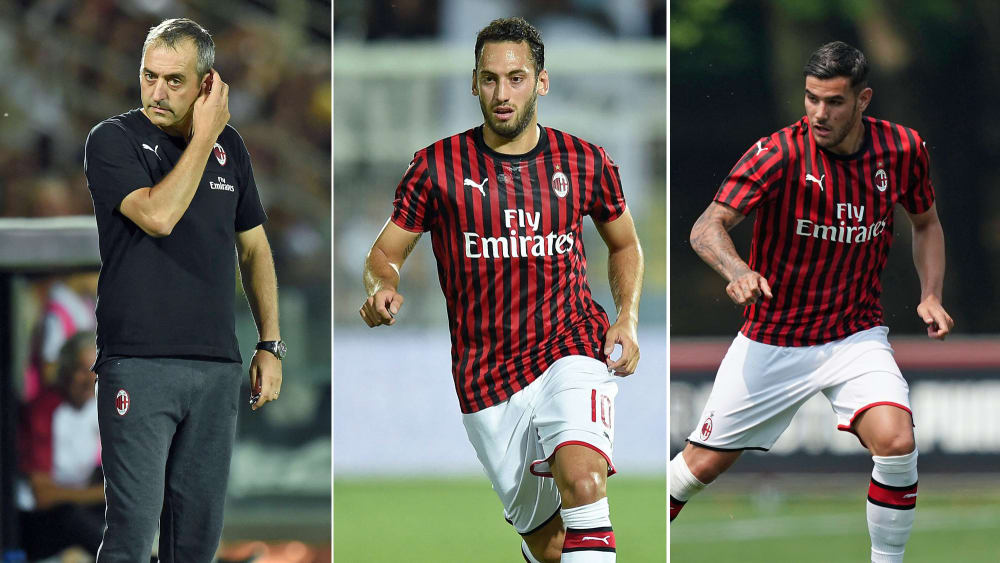 Hoffnungstr&#228;ger in der neuen Saison bei Milan: Trainer Marco Giampaolo, Hakan Calhanoglu und Theo Hernandez.