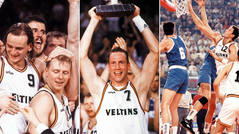 1993 wird Deutschland Europameister - Chris Welp (M.) versenkt den entscheidenden Freiwurf.
