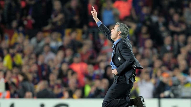 Inter Milan's coach Jose Mourinho from Portugal reacts, at the end of a Champions League semifinal soccer match, second leg, between Barcelona and Inter Milan, at the Nou Camp stadium in Barcelona, Spain, Wednesday, April 28, 2010. Inter lost the match 0-1, but went through to the final 3-2 on aggregate. (AP Photo/David Ramos)
