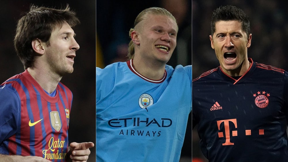 Lionel Messi, Erling Haaland, Robert Lewandwowski (v.l.).