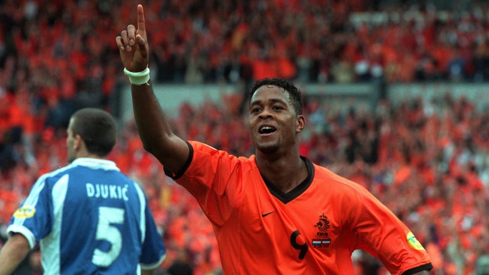 Patrick Kluivert celebrates a goal in the Netherlands' 6-1 win against Yugoslavia