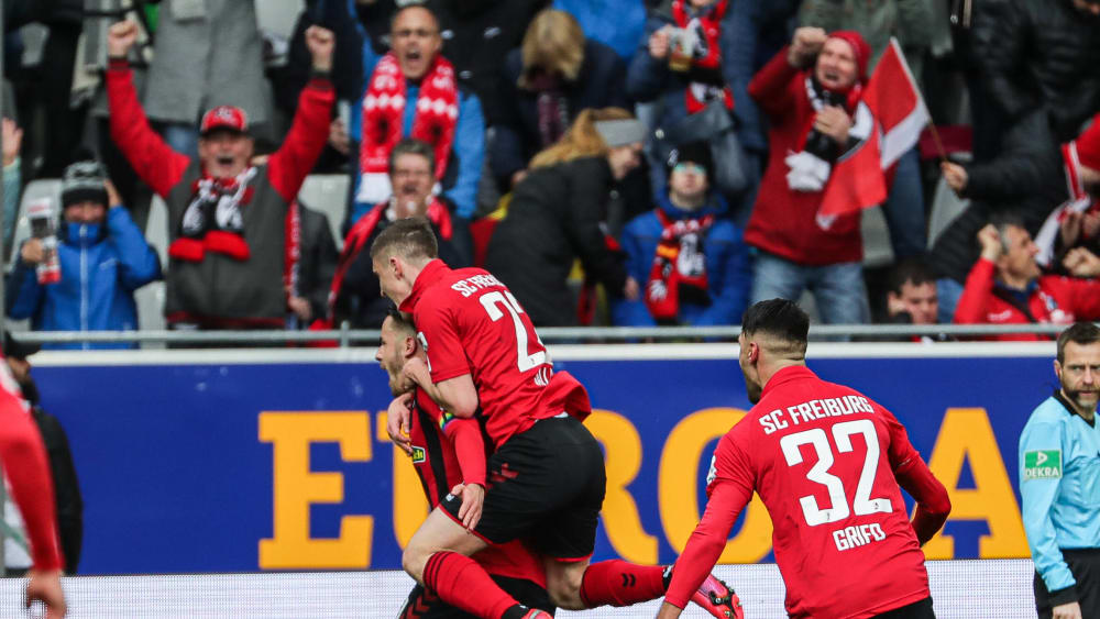 Die Freiburger bejubeln das 2:0 gegen Union Berlin