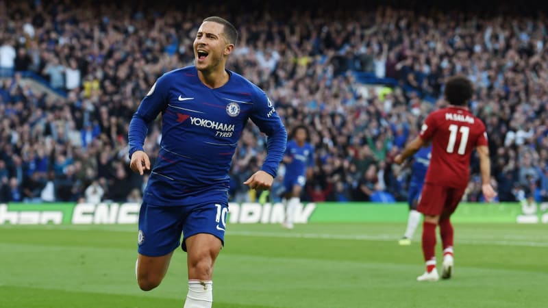 LONDON, ENGLAND - SEPTEMBER 29: (THE SUN OUT, THE SUN ON SUNDAY OUT) Eden hazard of Chelsea celebrates the opening goal during the Premier League match between Chelsea FC and Liverpool FC at Stamford Bridge on September 29, 2018 in London, United Kingdom. (Photo by John Powell/Liverpool FC via Getty Images)