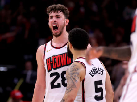 Apr 4, 2025; Houston, Texas, USA; Houston Rockets center Alperen Sengun (28) reacts after a dunk against the Oklahoma City Thunder during the fourth quarter at Toyota Center. Mandatory Credit: Erik Williams-Imagn Images