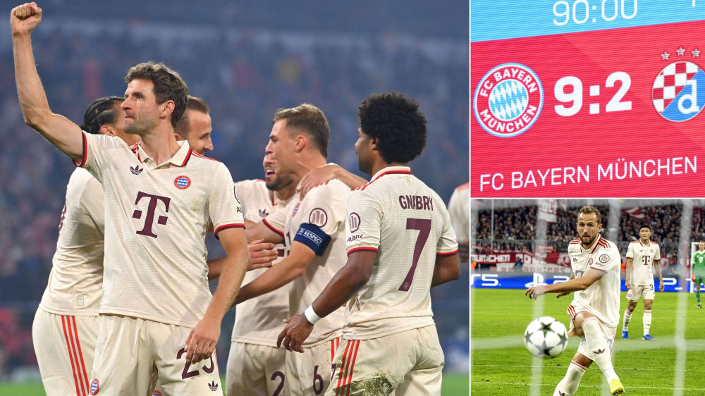 Jubelnde Bayern-Spieler, Anzeigentafel in der Allianz-Arena, Harry Kane beim Elfmeter schießen.