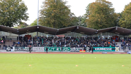 Die Fans des VfB Lübeck auf der Haupttribüne des Buniamshofs.