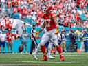 MIAMI GARDENS, FL - SEPTEMBER 27: Kansas City Chiefs tight end Travis Kelce (87) celebrates a touchdown scored during a NFL, American Football Herren, USA game between the Kansas City Chiefs and the Miami Dolphins, on Sunday September 27, 2026, at Hard Rock Stadium in Miami Gardens, FL.(Photo by Chris Arjoon Icon Sportswire). NFL: SEP 27 Chiefs at Dolphins EDITORIAL USE ONLY Icon2609270000030