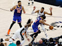 SAN ANTONIO, TEXAS - JUNE 05: Jalen Brunson #11 of the New York Knicks dribbles against Victor Wembanyama #1 of the San Antonio Spurs during the fourth quarter in Game Two of the 2026 NBA Finals at Frost Bank Center on June 05, 2026 in San Antonio, Texas. NOTE TO USER: User expressly acknowledges and agrees that, by downloading and or using this photograph, User is consenting to the terms and conditions of the Getty Images License Agreement. (Photo by Ronald Cortes/Getty Images)