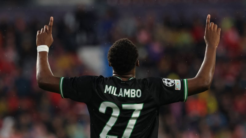 Feyenoord's Dutch midfielder #27 Antoni Milambo celebrates scoring his team's second goal during the UEFA Champions League, league phase day 2 football match between Girona FC and Feyenoord at the Montilivi stadium in Girona on October 2, 2024. (Photo by LLUIS GENE / AFP) (Photo by LLUIS GENE/AFP via Getty Images)