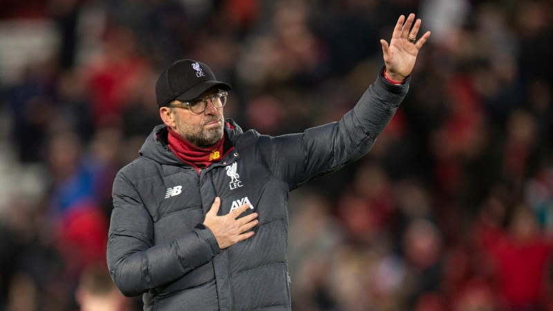 (200312) --LIVERPOOL, March 12, 2020 (Xinhua) -- Liverpool's manager Jurgen Klopp greets the audience after the UEFA Champions league Round of 16 second leg football match between Liverpool and Atletico Madrid in Liverpool, Britain, March 11, 2020. FOR EDITORIAL USE ONLY. NOT FOR SALE FOR MARKETING OR ADVERTISING CAMPAIGNS. NO USE WITH UNAUTHORIZED AUDIO, VIDEO, DATA, FIXTURE LISTS, CLUB LEAGUE LOGOS OR LIVE SERVICES. ONLINE IN-MATCH USE LIMITED TO 45 IMAGES, NO VIDEO EMULATION. NO USE IN BETTING, GAMES OR SINGLE CLUB LEAGUE PLAYER PUBLICATIONS. (Str Xinhua) (SP)BRITAIN-LIVERPOOL-FOOTBALL-UEFA CHAMPIONS LEAGUE-LIVERPOOL VS ATLETICO MADRID PUBLICATIONxNOTxINxCHN