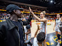 Basketball Berlin 07.09.2026 FIBA Women™s Basketball World Cup Germany 2026 Vorrunde Gruppe Deutschland (GER) - Mali (MLI) Dennis Schröder Schroeder (Deutschland, No.17) Schröder Schroder zu Gast als Zuschauer Jubel nach dem Sieg Leonie Fiebich (Deutschland, No.13) *** Basketball Berlin, September 7, 2026, FIBA Women’s Basketball World Cup Germany 2026, Preliminary Round, Group Germany (GER) vs. Mali (MLI), Dennis Schröder (Schroeder), Germany, No. 17 Schröder, Schroder, in attendance as a spectator; celebrating after the victory; Leonie Fiebich, Germany, No. 13