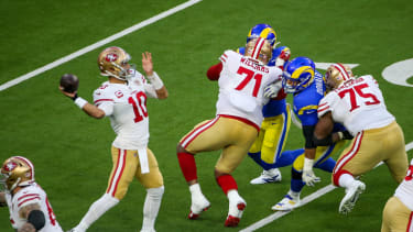 INGLEWOOD, CA - JANUARY 30:San Francisco 49ers quarterback Jimmy Garoppolo #10 back to pass during the NFC Conference Championship game between the San Francisco 49ers and the Los Angeles Rams on January 30, 2022, at SoFi Stadium in Inglewood, CA. (Photo by Jevone Moore/Icon Sportswire via Getty Images)
