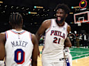 May 2, 2026; Boston, Massachusetts, USA; Philadelphia 76ers center Joel Embiid (21) celebrates with guard Tyrese Maxey (0)  after their win over the Boston Celtics in game seven of the first round of the 2026 NBA Playoffs at TD Garden. Mandatory Credit: Winslow Townson-Imagn Images