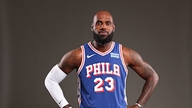 Sep 28, 2026; Camden, NJ, USA; Philadelphia 76ers LeBron James poses for a photo during media day. Mandatory Credit: Bill Streicher-Imagn Images