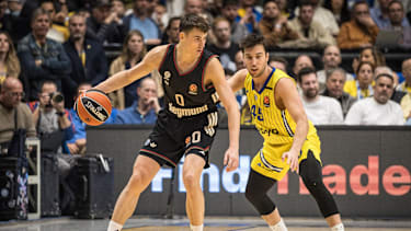 TEL AVIV, ISRAEL - FEBRUARY 12: Neno Dimitrijevic, #0 of FC Bayern Munich in action during the EuroLeague Regular Season Round 28 match between Maccabi Rapyd Tel Aviv and FC Bayern Munich at Menora Mivtachim Arena on February 12, 2026 in Tel Aviv, Israel. (Photo by Seffi Magriso/Euroleague Basketball via Getty Images)