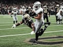 Sep 27, 2026; New Orleans, Louisiana, USA;  Las Vegas Raiders tight end Michael Mayer (87) scores a touchdown during the second quarter against the New Orleans Saints at Caesars Superdome.  Mandatory Credit: Matthew Hinton-Imagn Images
