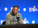 Jun 2, 2026; San Antonio, TX, USA;  New York Knicks guard Josh Hart (3) talks to the press during media day for the 2026 NBA Finals at Frost Bank Center. Mandatory Credit: Daniel Dunn-Imagn Images