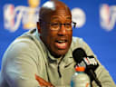 Jun 5, 2026; San Antonio, Texas, USA; New York Knicks head coach Mike Brown speaks with the media after the game between the Spurs and the Knicks in game two of the 2026 NBA Finals at Frost Bank Center. Mandatory Credit: Daniel Dunn-Imagn Images