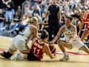 27.08.2026, GER, Testspiel, FIBA Women™s Basketball World Cup 2026 Köln, Deutschland-Türkei Elif Bayram (Türkei, 11), Emma Eichmayer (Deutschland, 9), Britta Daub (Deutschland, 19) im Kampf um den Ball Köln LANXESS arena Nordrhein-Westfalen Deutschland *** August 27, 2026, GER, Friendly Match, 2026 FIBA Women’s Basketball World Cup, Cologne, Germany vs. Turkey; Elif Bayram (Turkey), 11, Emma Eichmayer (Germany), 9, Britta Daub (Germany), 19, battling for the ball at the LANXESS arena in Cologne, North Rhine-Westphalia, Germany