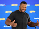 Aug 30, 2026; Woodland Hills, CA, USA; Los Angeles Rams defensive end Aaron Donald at press conference at the Rams Practice Facility.  Mandatory Credit: Kirby Lee-Imagn Images
