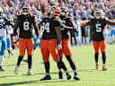 Cleveland Browns Mason Graham (94) celebrates his sack on Carolina Panthers Bryce Young in the fourth quarter with , (L-R) Jared Verse (8), Maliek Collins (96) and Quincy Williams (5) at Huntington Bank Field in Cleveland, Ohio on Sunday September 27, 2026. The Browns defeated the Panters 21-18. PUBLICATIONxNOTxINxUSA CLE20260927117 AARONxJOSEFCZYK