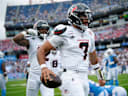 Houston Texans quarterback C.J. Stroud (7) celebrates a touchdown during the third quarter against the Tennessee Titans at Nissan Stadium in Nashville, Tenn., Sunday, Oct. 11, 2026.