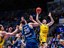 FRANKFURT, GERMANY - OCTOBER 21: Marcelinho Huertas (La Laguna Tenerife, 9) with a shot against Jacob Knauf (Frankfurt Skyliners, 25) during the BKT EuroCup match on gameday 4 between Frankfurt Skyliners vs. La Laguna Tenerife at Suwag Energie Arena on October 21, 2026 in Frankfurt, Germany Hessen Deutschland Copyright: xStephanxHahnex