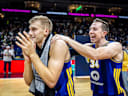 Basketball Berlin 25.10.2026 Saison 2026 2027 easyCredit BBL 1. Bundesliga Alba Berlin - ratiopharm Ulm Sam Griesel (Alba Berlin, No.05) Justin Bean (Alba Berlin, No.34) Jubel *** Basketball Berlin, October 25, 2026; 2026-2027 Season; easyCredit BBL 1 Bundesliga; Alba Berlin vs. ratiopharm Ulm; Sam Griesel (Alba Berlin, No. 05); Justin Bean (Alba Berlin, No. 34); Celebration