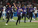 Sep 27, 2026; Rio De Janeiro, BRA;  Baltimore Ravens kicker Tyler Loop (33) and the Ravens celebrate after Loop kicks the game winning field during the game against the Dallas Cowboys at Maracana Stadium.  Mandatory Credit: Kirby Lee-Imagn Images