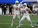 Oct 18, 2026; Inglewood, California, USA;  Arizona Cardinals kicker Chad Ryland (38) reacts after kicking the game winning field goal on a hold from punter Blake Gillikin (12) in the fourth quarter against the Los Angeles Rams at SoFi Stadium.  Mandatory Credit: Kiyoshi Mio-Imagn Images