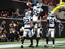 Sep 20, 2026; Atlanta, Georgia, USA;  Carolina Panthers linebacker Devin Lloyd (55) celebrates with teammates after scoring a touchdown on an interception during the third quarter against the Atlanta Falcons at Mercedes-Benz Stadium.  Mandatory Credit: Brett Davis-Imagn Images