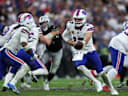 Oct 18, 2026; Paradise, Nevada, USA;  Buffalo Bills quarterback Josh Allen (17) hands off the ball in the second half against the Las Vegas Raiders at Allegiant Stadium.  Mandatory Credit: David Brytus-Imagn Images