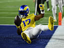 Sep 21, 2026; Inglewood, California, USA;  Los Angeles Rams wide receiver Davante Adams (17) scores a touchdown against the New York Giants during the third quarter at SoFi Stadium.  Mandatory Credit: William Liang-Imagn Images