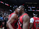 May 1, 2026; Toronto, Ontario, CAN; Toronto Raptors forward RJ Barrett (9) hugs forward Scottie Barnes (4) celebrates after scoring the winning basket against the Cleveland Cavaliers during the overtime period  in game six of the first round of the 2026 NBA Playoffs at Scotiabank Arena. Mandatory Credit: Nick Turchiaro-Imagn Images