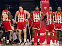 Crvena Zvezda Meridianbet Belgrade v Zalgiris Kaunas - Euroleague 2025 2026 from left Semi Ojeleye, 37 of Crvena Zvezda Meridianbet Belgrade, David Kramer, 44 of Crvena Zvezda Meridianbet Belgrade, Chima Moneke, 95 of Crvena Zvezda Meridianbet Belgrade, Nick Weiler-Babb, 3 of Crvena Zvezda Meridianbet Belgrade and Jared Butler, 6 of Crvena Zvezda Meridianbet Belgrade during 2026 2027 EuroLeague Round 1 match between Crvena Zvezda Meridianbet Belgrade and Zalgiris Kaunas at Belgrade Arena on September 24, 2026 in Belgrade, Serbia. Belgrade Serbia Copyright: xVatroslavxHladnyx x