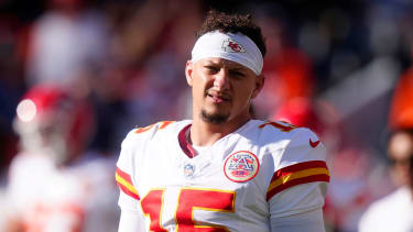 Nov 16, 2025; Denver, Colorado, USA; Kansas City Chiefs quarterback Patrick Mahomes (15) before the game against the Denver Broncos at Empower Field at Mile High. Mandatory Credit: Ron Chenoy-Imagn Images