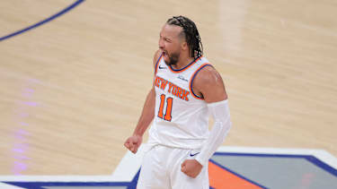 May 19, 2026; New York, New York, USA; New York Knicks guard Jalen Brunson (11) reacts during the fourth quarter of game one of the eastern conference finals during the 2026 NBA playoffs against the Cleveland Cavaliers at Madison Square Garden. Mandatory Credit: Brad Penner-Imagn Images