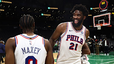 May 2, 2026; Boston, Massachusetts, USA; Philadelphia 76ers center Joel Embiid (21) celebrates with guard Tyrese Maxey (0)  after their win over the Boston Celtics in game seven of the first round of the 2026 NBA Playoffs at TD Garden. Mandatory Credit: Winslow Townson-Imagn Images