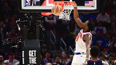 May 25, 2026; Cleveland, Ohio, USA; New York Knicks forward OG Anunoby (8) dunks in the fourth quarter against  the Cleveland Cavaliers during game four of the eastern conference finals for the 2026 NBA playoffs at Rocket Arena. Mandatory Credit: Ken Blaze-Imagn Images