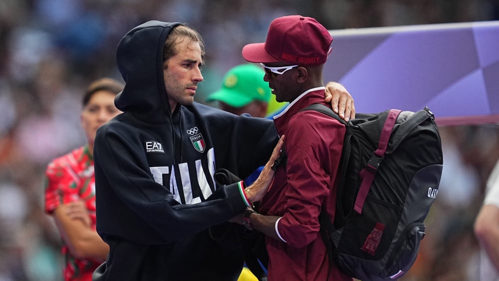 Hochsprung-Qualifikation mit Gianmarco Tamberi (li.) aus Italien und Mutaz Essa Barshim aus Katar.