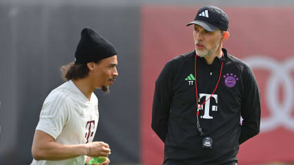 Trainer Thomas TUCHEL (Bayern Muenchen), Leroy SANE (Bayern Muenchen), Abschlusstraining vor dem Fussball Champions League Viertelfinale FC Arsenal - FC Bayern Muenchen am 08.04.2024 auf dem Trainingsgelaende an der Saebener Strasse in Muenchen. Â *** Coach Thomas TUCHEL Bayern Muenchen , Leroy SANE Bayern Muenchen , final training before the Champions League quarterfinal FC Arsenal FC Bayern Muenchen on 08 04 2024 at the training ground at Saebener Strasse in Munich Â